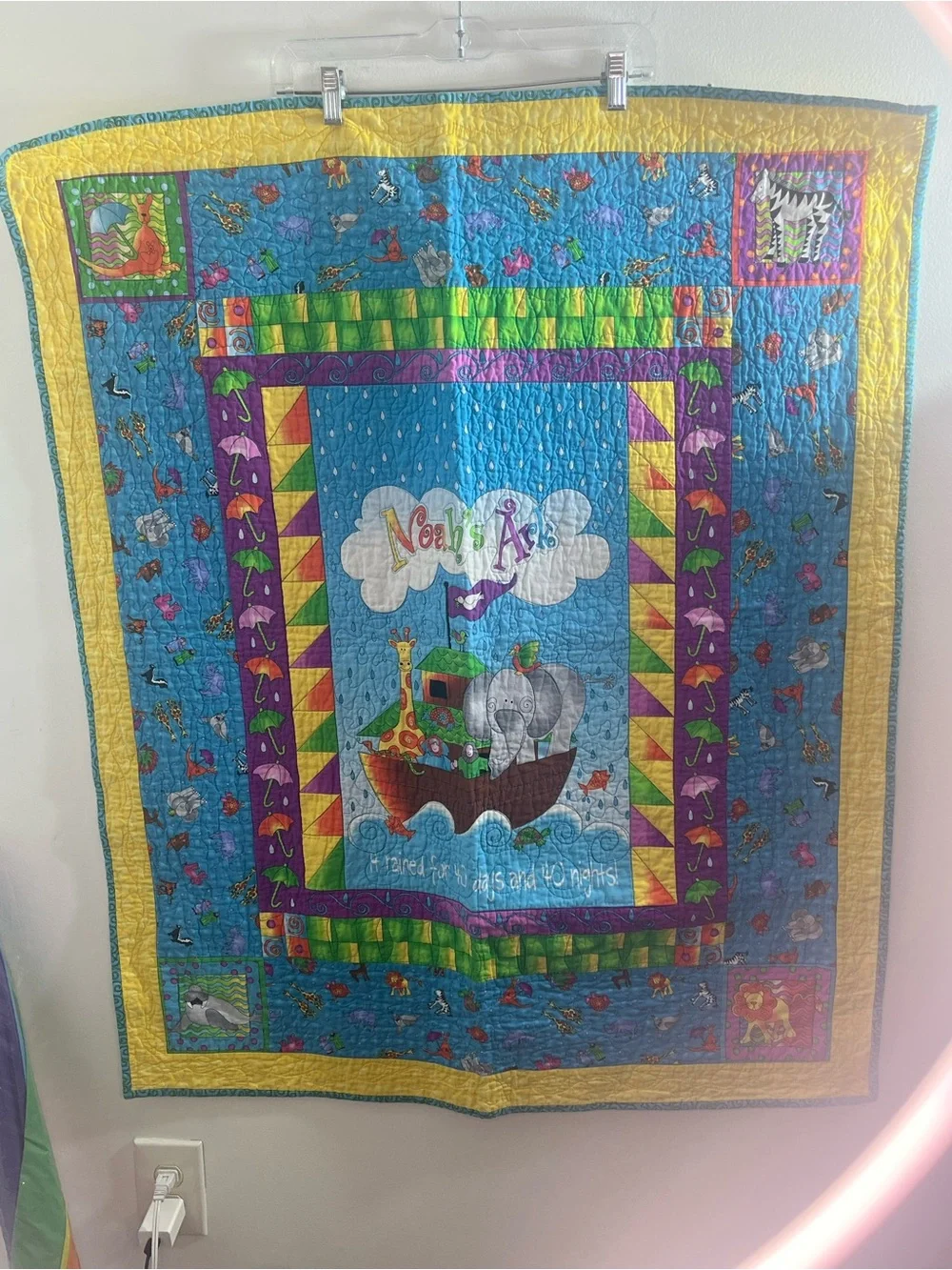 Noah's Ark Baby Quilt - Bright Blue & Yellow Nursery Throw